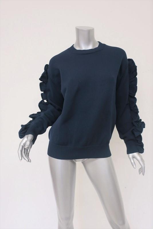 Victoria, Victoria Beckham Ruffle Sweater Navy Nylon Size 0 Crewneck Pullover available at CelebrityOwned.com img_1