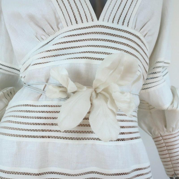 Zimmermann Mini Dress Corsage Linear Ivory Linen Size 2 Long Sleeve V Celebrity Owned