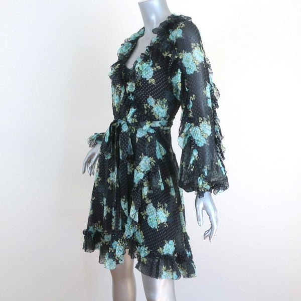 Zimmermann Ruffle Wrap Dress Whitewave Black Floral Print