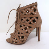 Alaia Studded Laser Cut Booties Blush Suede Size 35 Open Toe Ankle Boots - Celebrity Owned