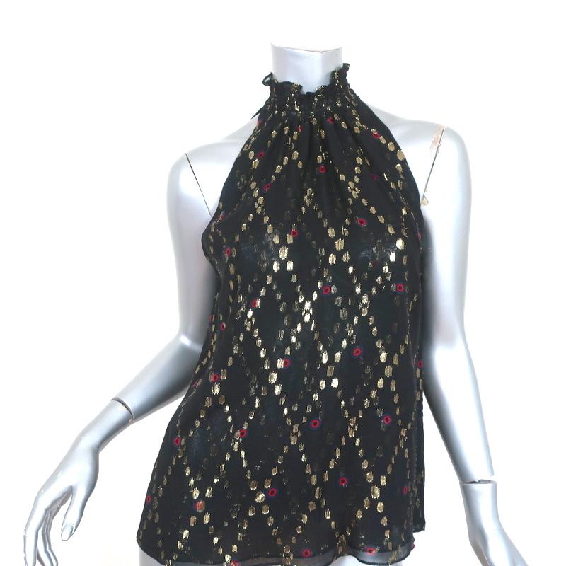 A.L.C. Smocked Neck Top Black Metallic Printed Silk Size 2 Sleeveless Blouse - Celebrity Owned