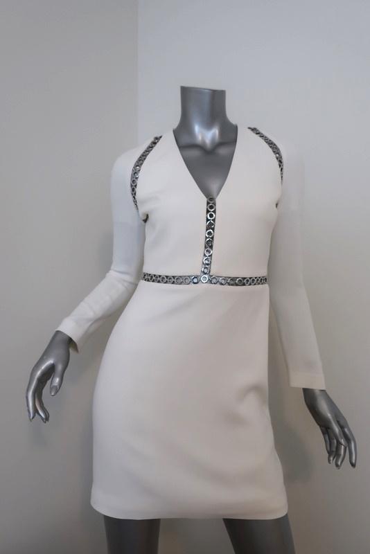 Alexander Wang Dress White Grommet-Trim Crepe Size 2 Long Sleeve Mini - Celebrity Owned