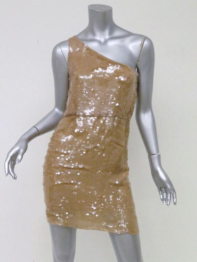 Alice + Olivia Sequin Dress Dusty Pink Beige Size 2 One Shoulder Mini NEW - Celebrity Owned