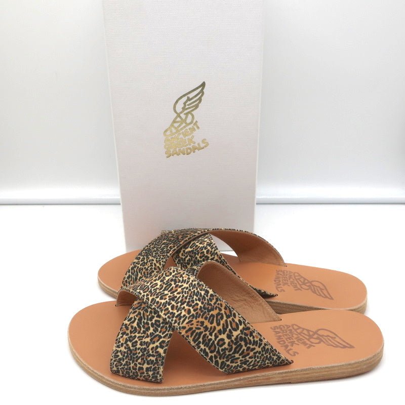 Ancient Greek Sandals Thais Crisscross Slides Leopard Print Satin Size 38 NEW - Celebrity Owned