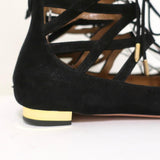 Aquazzura Belgravia Lace-Up Flats Black Cutout Suede Size 39 Pointed Toe - Celebrity Owned