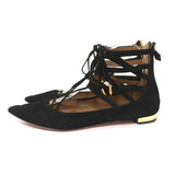 Aquazzura Belgravia Lace-Up Flats Black Cutout Suede Size 39 Pointed Toe - Celebrity Owned