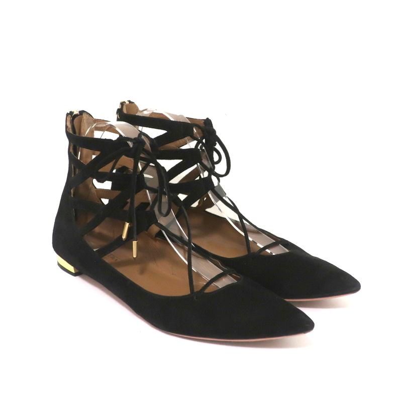 Aquazzura Belgravia Lace-Up Flats Black Cutout Suede Size 39 Pointed Toe - Celebrity Owned