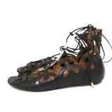 Aquazzura J’Adore Lace-Up Sandals Black Leather Size 39 Open Toe Flats - Celebrity Owned