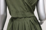 Aspesi Dress Olive Pleated Cotton Size 44 Cap Sleeve Fit & Flare - Celebrity Owned