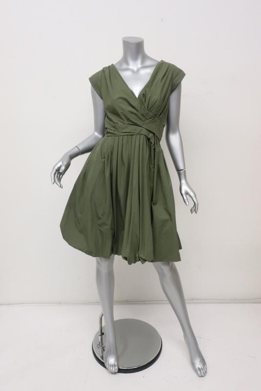 Aspesi Dress Olive Pleated Cotton Size 44 Cap Sleeve Fit & Flare - Celebrity Owned