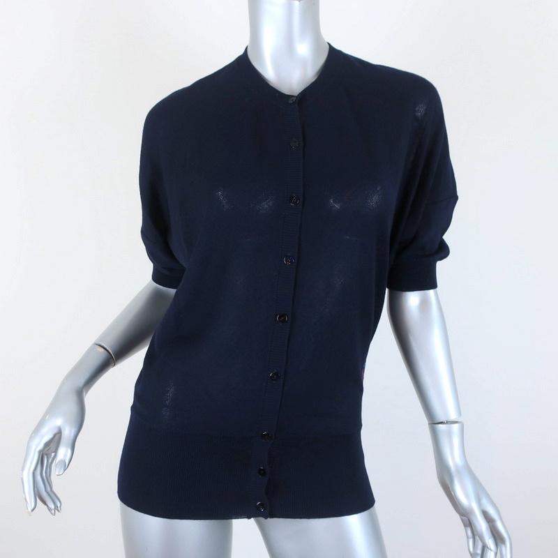 Balenciaga Short Sleeve Cardigan Navy Flower-Embroidered Wool Sweater Size 38 - Celebrity Owned