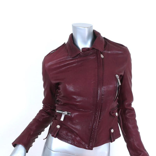 Barbara Bui Lace Up Leather Motorcycle Jacket Burgundy Size