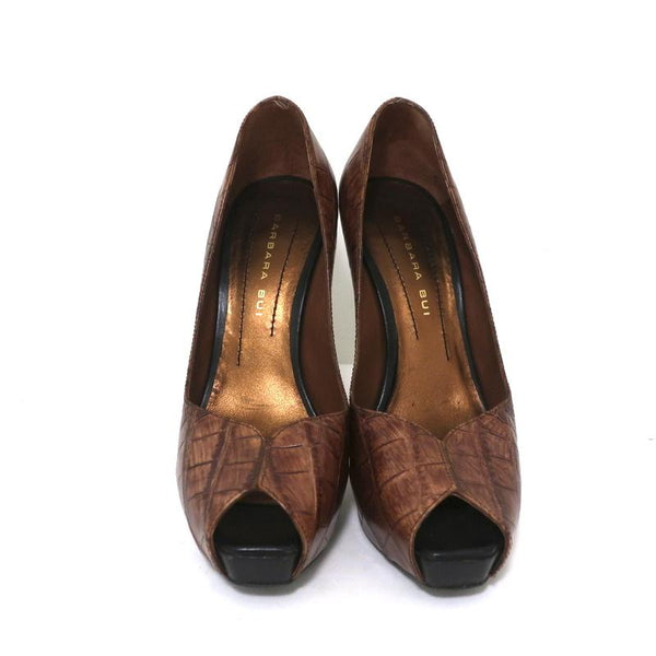 Barbara Bui Platform Pumps Brown Croc-Embossed Leather Size 37 Peep Toe  Heels