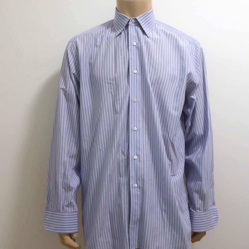Brioni Button Down Shirt Blue/Pink Striped Cotton Size 42 - 16 1/2 - Celebrity Owned