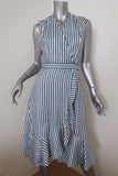 Carven Dress Blue/White Striped Silk Twill Size 36 Sleeveless Ruffled Faux-Wrap - Celebrity Owned