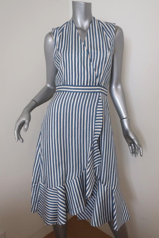 Carven Dress Blue/White Striped Silk Twill Size 36 Sleeveless Ruffled Faux-Wrap - Celebrity Owned