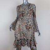 Chloe Dress Leopard Print Gauze Size 34 Long Sleeve Lace-Up Ruffled Hem - Celebrity Owned