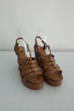 Chloe Platform Wedge Sandals Tan Leather Size 40 Slingback Heel - Celebrity Owned