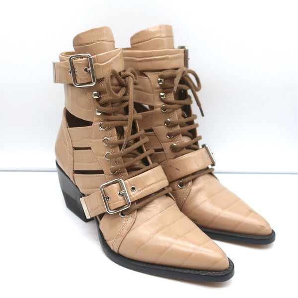 Chloe Rylee Cutout Lace-Up Ankle Boots Beige Croc-Effect Leather