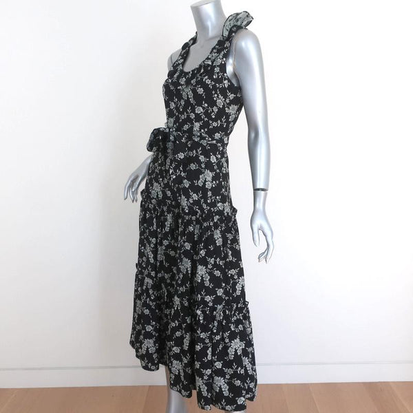 Co Tiered Midi Dress Black Floral Print Ruffled Gabardine Size