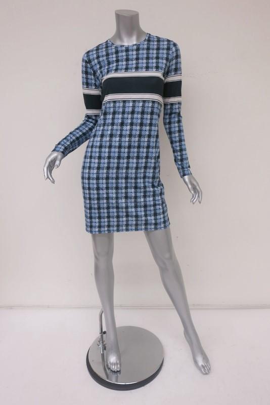 Derek Lam Dress Blue Striped Plaid Cotton Jersey Size 4 Long Sleeve Mini - Celebrity Owned