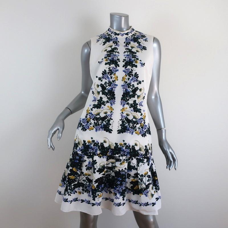 Erdem Dress Nena White Floral Print Cotton-Blend Size 8 Sleeveless Flounce Hem - Celebrity Owned