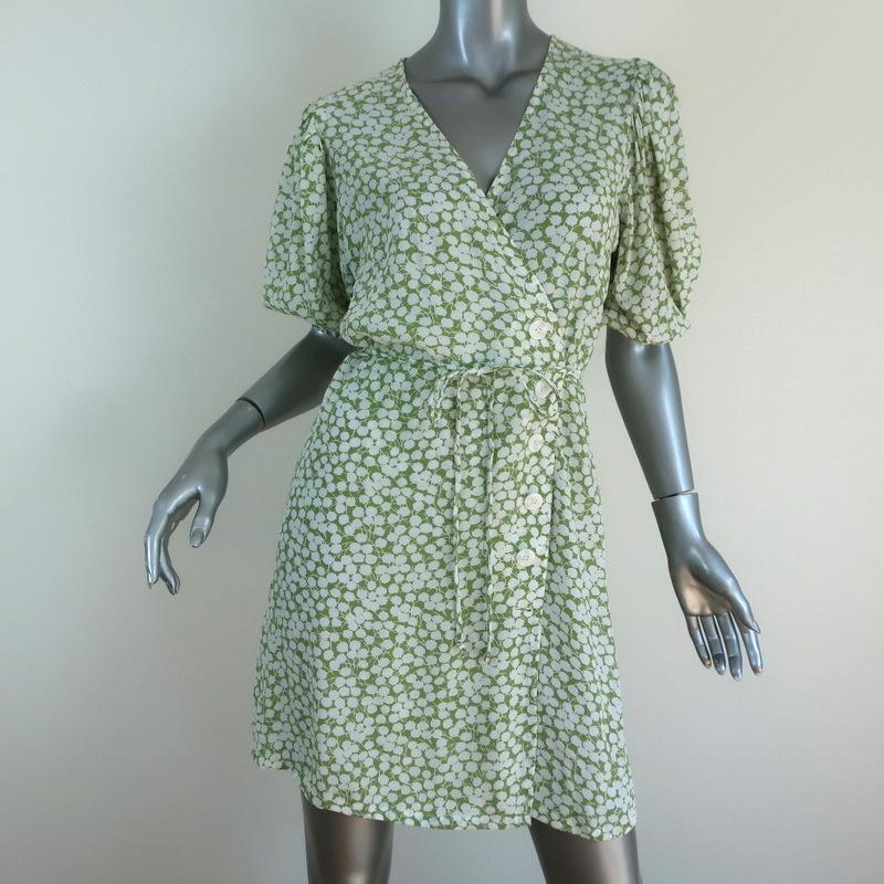 Faithfull The Brand Mini Wrap Dress Blanco Green/White Floral Print Size Medium - Celebrity Owned