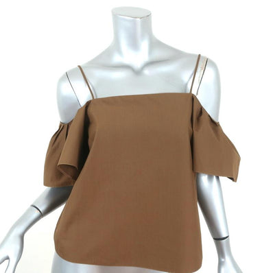 Fendi Cold Shoulder Top Olive Brown Cotton Size 40 Flutter Sleeve Blouse - Celebrity Owned