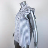 FRAME Popover Blouse White/Blue Striped Cotton Size Small Flounce Sleeve Top - Celebrity Owned