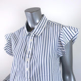 FRAME Popover Blouse White/Blue Striped Cotton Size Small Flounce Sleeve Top - Celebrity Owned