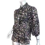 Ganni Button Down Blouse Black Floral Print Crepe Size 32 Blouson Sleeve Top - Celebrity Owned