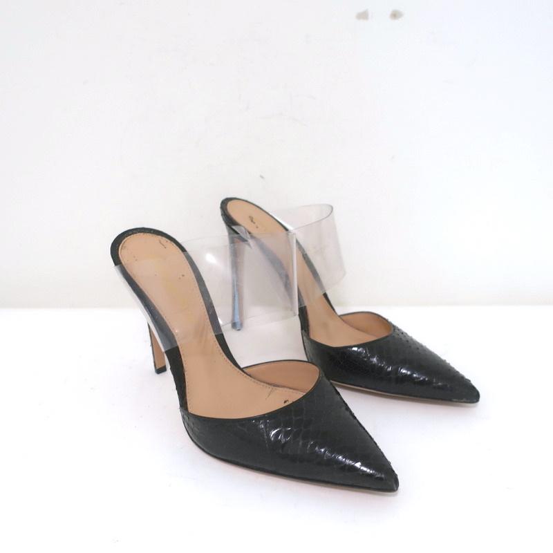 Gianvito Rossi Mules Virtua Black Python & Clear PVC Size 36.5 Pointed Toe Heels - Celebrity Owned