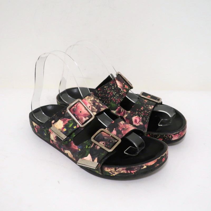 Givenchy Double-Buckle Slide Sandals Black Floral Print Leather Size 36 - Celebrity Owned