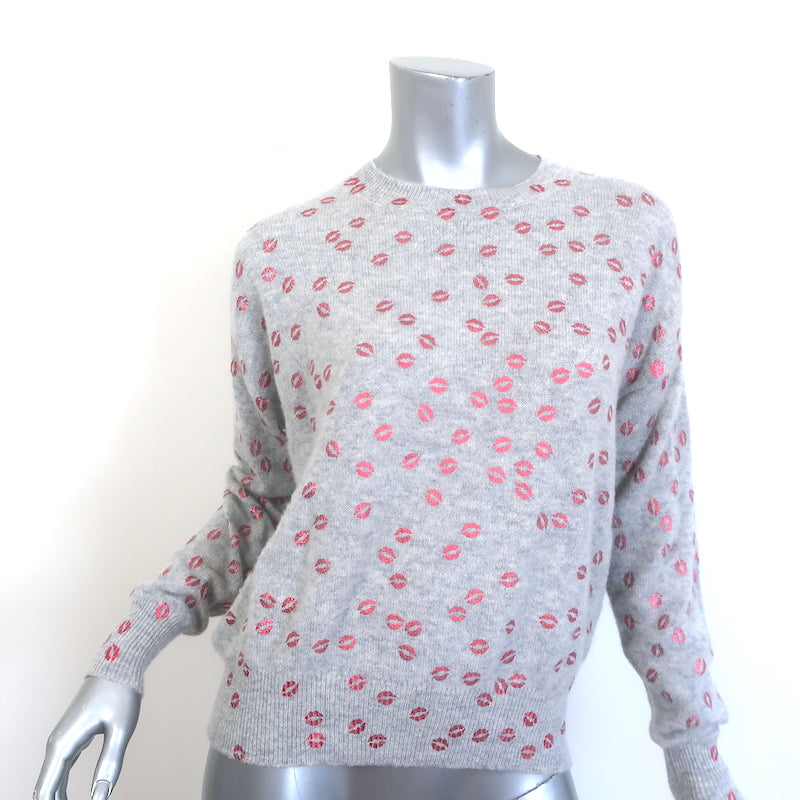 27 Miles Malibu Foil Lips Print Cashmere Sweater Light Gray Size Small
