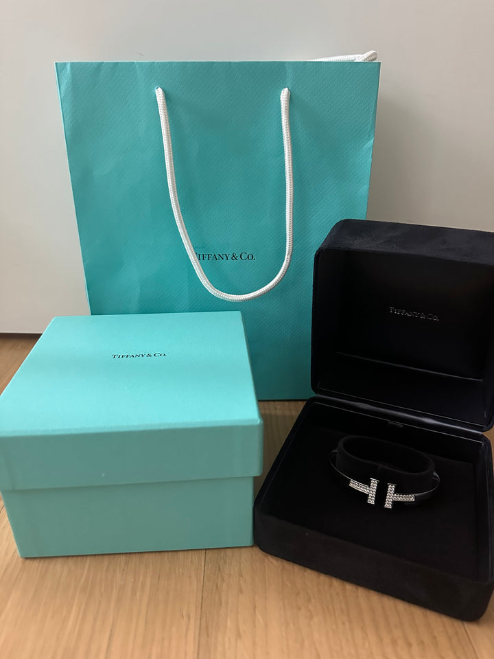 Tiffany &amp; Co. T Pavé Diamond Square Bracelet 18K White Gold Size Small