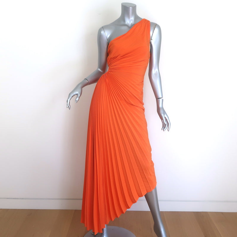 A.L.C. pleated one-shoulder cutout midi dress in vibrant orange — pre-owned, authentic designer piece, size 2