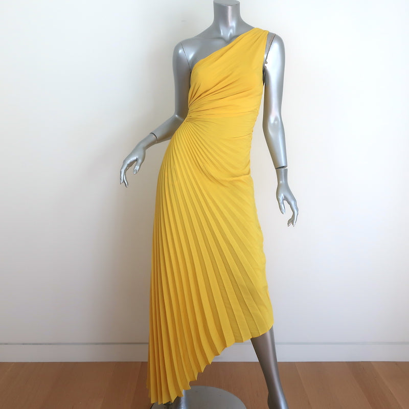 A.L.C. Delfina Pleated One-Shoulder Cutout Midi Dress Yellow Size 4 NEW