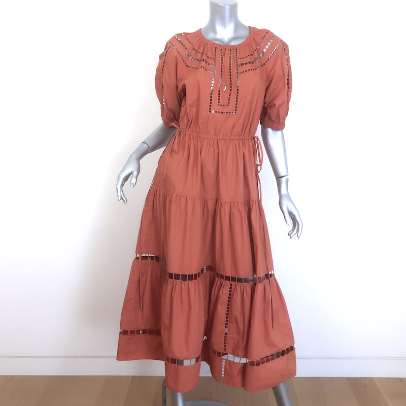 A.L.C. Maryn Tiered Midi Dress Lipstick Ladder Lace-Trim Poplin Size 6 Celebrity Owned A.L.C. Maryn Tiered Midi Dress Lipstick Ladder Lace-Trim Poplin Size 6 Celebrity Owned