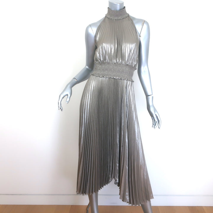 A.L.C. Renzo Pleated Metallic Halter Midi Dress 