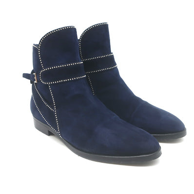 Alaia Studded Buckled Strap Ankle Boots Navy Suede Size 39
