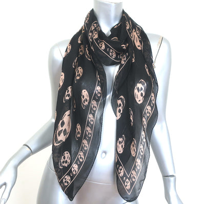 Alexander McQueen Skull Scarf Black & Beige Silk Chiffon 40" X 44"