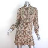 Alexis Cosi Long Sleeve Pleated Mini Dress Beige Link Print Satin Size Small