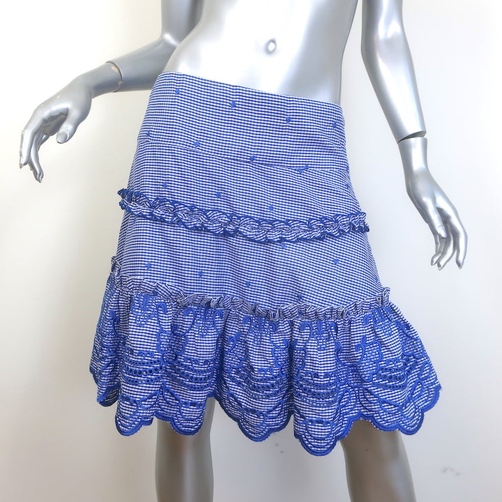 Alexis Rafaella Embroidered Gingham Mini Skirt Blue Size Large