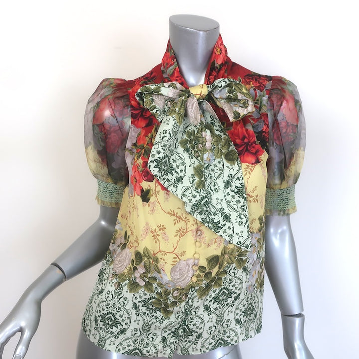 Alice + Olivia Brentley Tie Neck Puff Sleeve Top