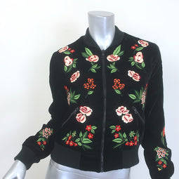 Alice + Olivia Floral-Embroidered Velvet Bomber Jacket Black Size Small