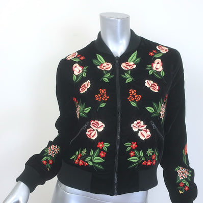 Alice + Olivia Floral-Embroidered Velvet Bomber Jacket Black Size Small