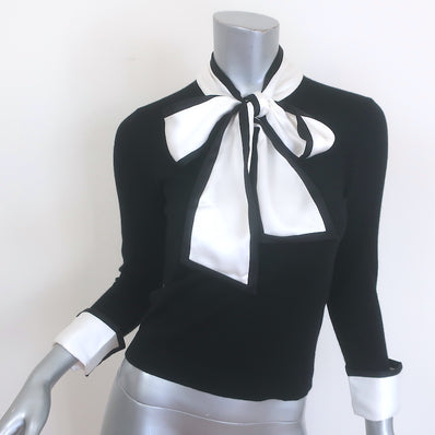 Alice + Olivia Justina Combo Bow Sweater Black Stretch Wool 