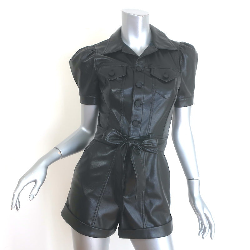 Alice + Olivia Leonie Puff Sleeve Vegan Leather Romper