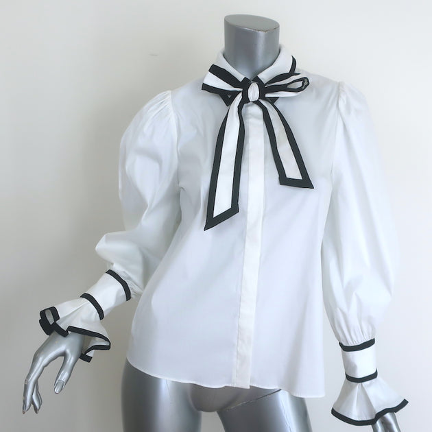 Alice + Olivia Sharen Puff Sleeve Bow Tie Blouse White/Black Size 