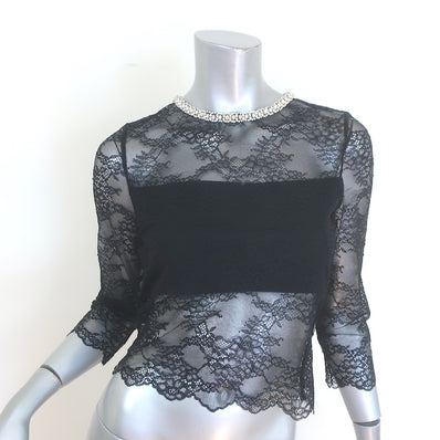 Alice + Olivia Vanita Crystal-Embellished Lace Crop Top Black Size Medium